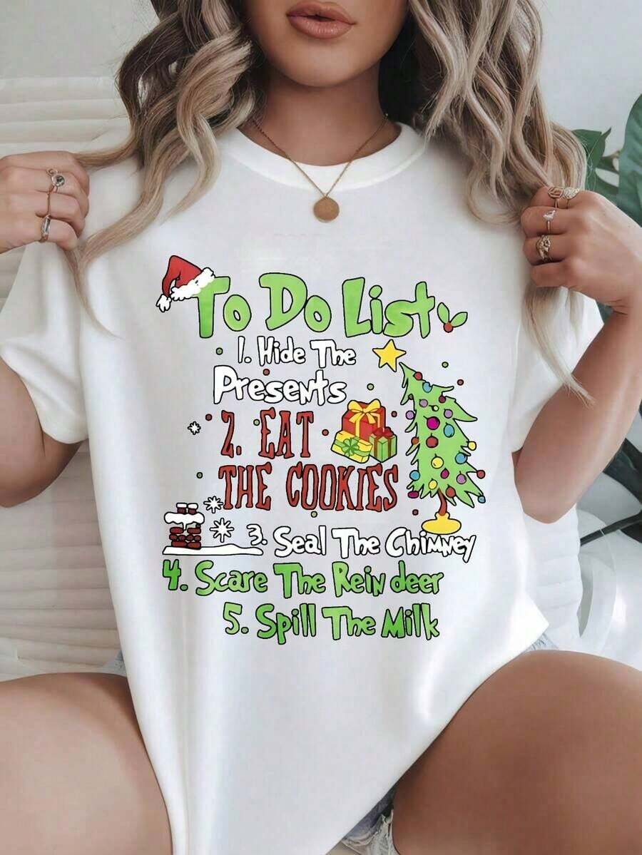 Women's Casual Short Sleeve T-Shirt - Round Neck, "To Do List Hide Presents Eat Cookies Seal Chimney Scare Reindeer Spill Milk" Print, Summer Top, Machine Washable, Women's T-Shirts, Casual Wear, Modern Style, Comfortable Fit

-White - 白色 - 查看 1