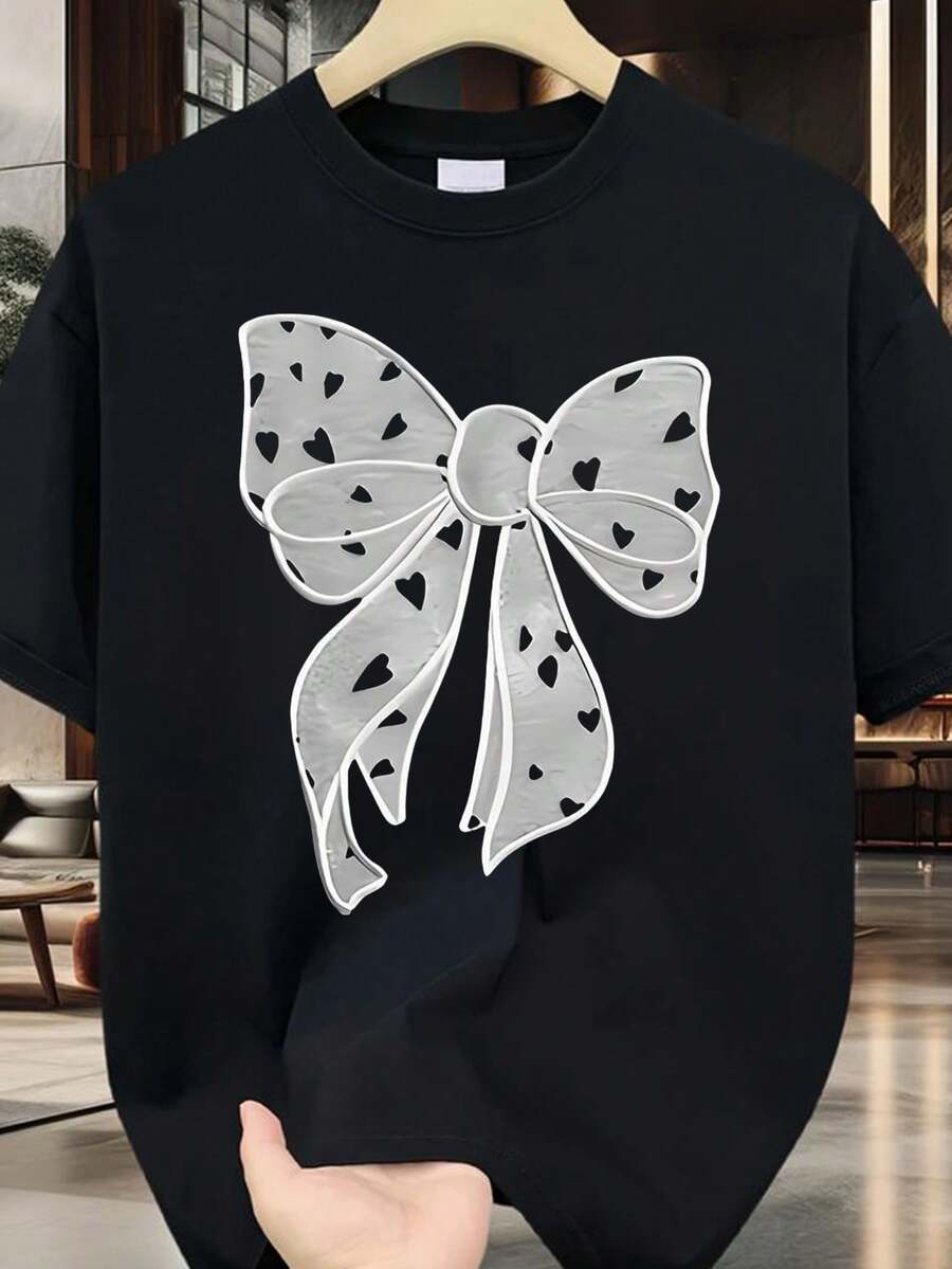 Plus Size Women's T-Shirt With Polka Dot Print, Short Sleeve And Round Neck, Casual Summer And Spring Wear, Plus Size Daily Wear For Sweet Girls Or Students, Cool And Sweat-Free Summer Clothes, Elegant Party Outfit, T-Shirt For Elegant Ladies, Blouses Suitable For Curvy Women - 黑色 - 查看 1
