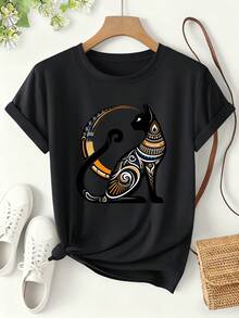 Camiseta para mujer con estampado de gato y tótem egipcio, primavera/verano 2026, estilo exótico de manga corta, prenda de uso diario de ajuste holgado, diseño misterioso, temático de tótem, a la moda y versátil, Ropa diaria para chicas dulces o estudiantes ,Ropa fresca y sin sudor en verano,Traje de fiesta elegante,T-shirt para damas elegantes,Blusas adecuadas para mujeres con curva, - Negro - Ver 8