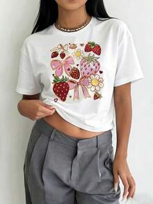 Camisetas Básicas de Tallas Grandes para Mujer - Camisetas Casuales de Manga Corta, Prendas Ligeras Esenciales para el Guardarropa de Verano, Camiseta con Estampado de Fresas para Mujer - Top de Manga Corta con Cuello Redondo y Estampado de Fresas|   Estilo casual y elástico para cubrirse en verano, adecuado para usar en primavera y verano, camiseta de fiesta con estampado de fresas lavable a máquina, transpirable y cómoda. - Blanco - Ver 1