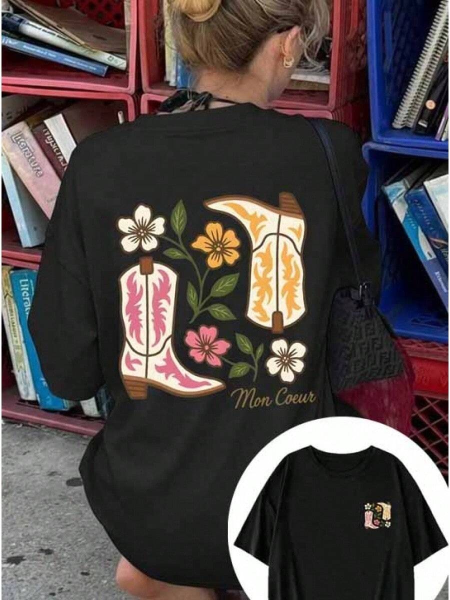 1 pieza de camiseta de manga corta con cuello redondo y estampado floral minimalista, nueva llegada de verano, ropa casual versátil y a la moda para mujer, color negro, 100% algodón. - Negro - Ver 1