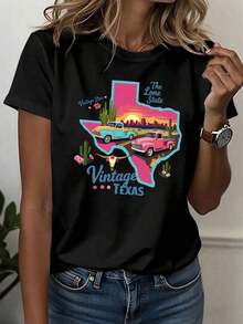 Camiseta de diseño estampado casual 100% algodón para mujer, camiseta deportiva casual para mujer, camiseta de cuello redondo, estilo vintage TEXAS Lone Star State, retro occidental, para mujeres jóvenes, uso diario, mercancía del Día de la Independencia, diseño de camioneta del desierto, estilo occidental, retro, cómoda para todas las estaciones, tops de verano 2026, atuendos diarios para mujer, adecuada para primavera, verano y otoño. - Negro - Ver 7