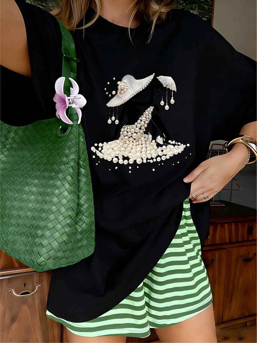 Elegant Rhinestone Heart Flower Graphic T-Shirt, 100% Cotton Oversized Soft Breathable Romantic Tee, Casual Crewneck Short Sleeve Top for Brunch Dates & Fashion Lovers