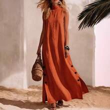 Vestido de Verano 2026 de Nueva Colección para Mujer, Estilo Europeo y Americano, de Lino y Algodón, Color Sólido, Sin Mangas, con Abertura Lateral, de Longitud Media, para Vacaciones en la Playa - Verde militar - Ver 6