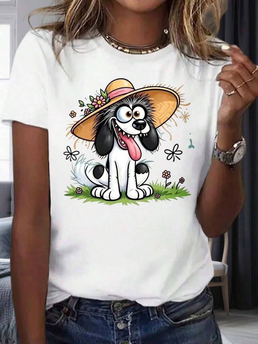 Women's T-Shirt With Cartoon Dog Print, Sun Hat, And Flowers, Casual Summer Top, Party And Vacation Clothes, 100% Cotton, 220m Women's Warmth - 白色 - 查看 1