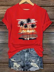 1 Piece Of Women's Casual Short-Sleeved Crew Neck T-Shirt, From The Fashionable Sports Series, With Palm Tree And Sunset Beach Print, 100% Cotton. Women's Warm Clothing - 紅色 - 查看 7