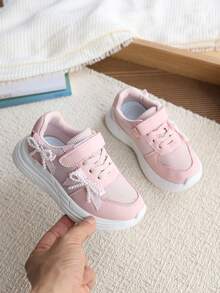 Girls' Breathable Mesh Sports Shoes With Pearl Bow Hook And Loop, Lightweight Princess Style Casual School Shoes - Pink - View 4