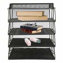 Black Paper Letter Tray, 5 Tiers Desk File Organizer, Stackable Desk File Document Organizer For Letters, Documents, Files, Notebooks, Stationery, Magazines, Small Books, Etc. - A - View 4