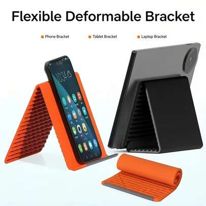 Nuevo soporte plegable y suave, hecho de placa de aluminio integrada y material de silicona, soporte flexible y doblado libre. Un solo soporte, múltiples usos, se ajusta perfectamente a teléfonos inteligentes, tabletas y computadoras portátiles. Se puede usar como soporte de escritorio.