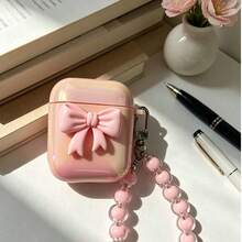 Ốp lưng hình nơ dễ thương màu hồng ánh kim với mặt dây chuyền ngọc trai giả màu hồng, tương thích với ốp sạc không dây của Apple, chống trầy xước và chống rơi vỡ. - Hồng - Xem 3