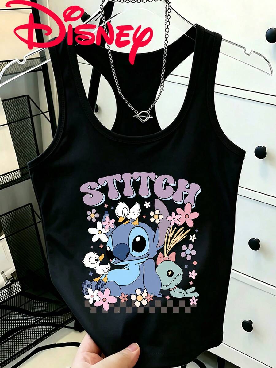 Disney Lilo & Stitch Print Sleeveless Crew Neck T-Shirt, Soft Breathable, Machine Washable For Outdoor Daily Sports Beach Wear - màu đen - Xem 1