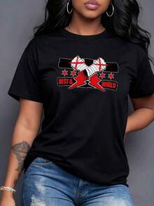 Powerful Print Of Bandaged Hands With Red Crosses Evoking Unwavering Strength And Fighting Spirit. Vibrant Lightning Bolts And Stars Surround The Phrase BEST IN WORLD, Symbolizing Victory, Excellence, And The Fierce Determination Of The Modern Woman. Women's T-Shirt, 100% Cotton - Vintage Street Style Unisex Loose Cotton Short Sleeve Crew Neck Shirt - 黑色 - 查看 7