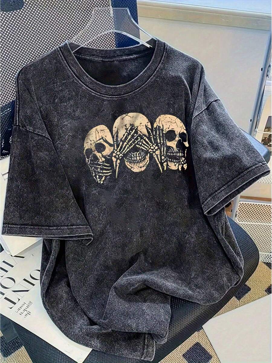 A Women's Modern Print Washed Cotton T-Shirt - 230g Thick Cotton, Urban Vintage Style, Round Neck, Short Sleeves, Machine Washable, Suitable For Casual Wear In Spring And Summer, A Unique Loose-Fitting T-Shirt For Women. - 黑色 - 查看 1