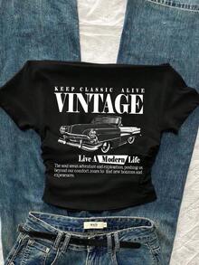 Camiseta de manga corta ajustada con un hombro, con estampado retro de coche y letras, estilo vintage casual, adecuada para el verano - Negro - Ver 3