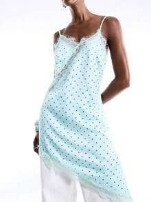 2026 Nuevo vestido minimalista de primavera/verano para mujer, vestido corto de tirantes finos con bajo asimétrico de encaje de contraste de unicolor, azul marino - verde menta - Ver 9