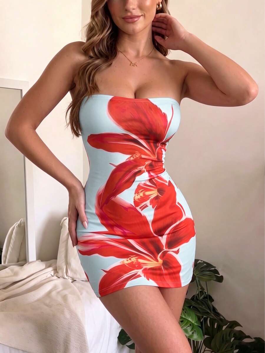 2026 New Floral Print Bandeau Bodycon Mini Dress For Women - Baby Blue - View 1