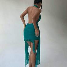 Spring/Summer New Sexy Party Music Festival Wedding Season Beach Vacation Wedding Season Green Mesh Deep Draped Neck Backless Fitted Asymmetrical Ruffle Hem Mini Dress, St. Patrick's Day Dress, Boho Music Festival Dress Green Clothes Women's Beach Outfits Bikini Cover Ups Dress Bathing Suit And Cover Up Beach Outfit For Women Dress Vacation Outfits Woman Dress, Women's Sexy Green Halter Sleeveless Mini Bodycon Dress With Asymmetrical Hem And Tie Back Detail - Verde - Ver 11