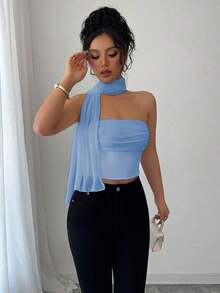 Top de camisola plisado con decoración de bufanda de malla elegante para mujeres - Azul 2 - Ver 5