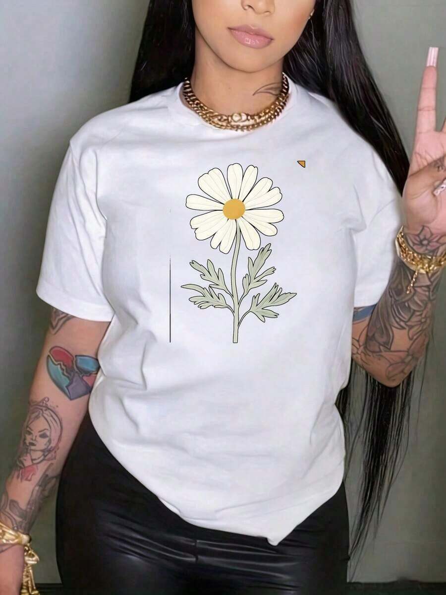 Women's Black Short-Sleeved T-Shirt With Round Neck And Fun Print Featuring A White Daisy Flower Design, Casual Summer Top With Graphic Print, Suitable For Holiday Gifts And Leisure. - 白色 - 查看 1