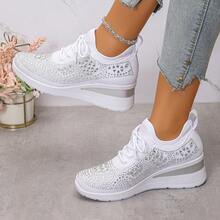 Women's New Sports Style Lace-Up Rhinestone Outdoor Wedge Thick Bottom Casual Sneakers, Breathable Comfortable Running Shoes, Outdoor Travel Shoes, Suitable For All Seasons,Indoor Chunky Heels, Casual Sports Shoes For Commuting To Work - 白色 - 查看 1