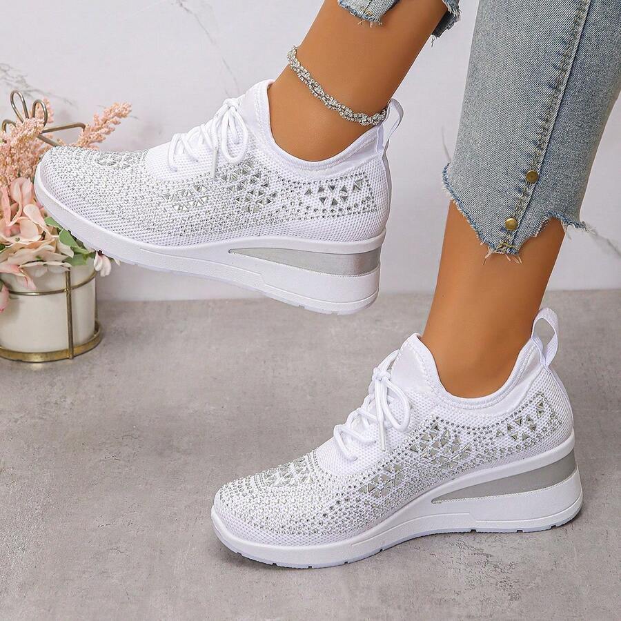 Women's New Sports Style Lace-Up Rhinestone Outdoor Wedge Thick Bottom Casual Sneakers, Breathable Comfortable Running Shoes, Outdoor Travel Shoes, Suitable For All Seasons,Indoor Chunky Heels, Casual Sports Shoes For Commuting To Work - 白色 - 查看 1