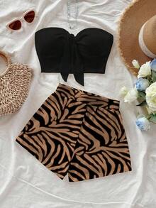 Conjunto de 2 piezas de estilo casual de vacaciones con shorts de estampado de cebra en color albaricoque y verde, y top bandeau negro, adecuado para vacaciones de verano - Multicolor 4 - Ver 6