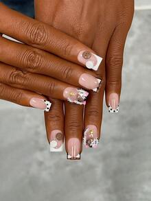10pcs Y2K Nails Square Press On Nails Set - Handcrafted,Pink Nails, White Nails, White French Tip Nails, Handmade 3D Kitten And 3D Button Design, 3D Kitten Nails Art, Hand Drawn Brown Polka Dot And Brown Stripe Pattern Decoration, Sparkling Gold Star Accents, Delicate Graceful Nails - Perfect For Parties & Casual Attire - Multicolor - View 3