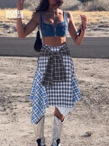 Falda de mujer ROSIE POPHUB con bloque de color a cuadros irregulares, informal y suelta con cordones, para la calle, la escuela y el uso diario en verano - Multicolor - Ver 9