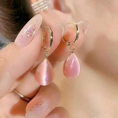 1 Đôi bông tai đá mắt mèo hai mặt hình giọt nước đơn giản, thanh lịch dành cho nữ, nhẹ nhàng, sang trọng và đa năng.