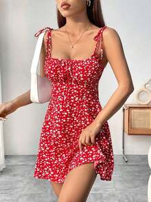 Vestido de tirantes con pliegues en el busto con estampado floral para ropa de Año Nuevo, vestido corto mini para mujeres - Rojo 2 - Ver 3