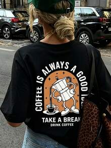 Camiseta de manga corta con cuello redondo y estampado de taza de café, sencilla y a la moda, versátil y adecuada para el uso diario de mujeres en verano. - Negro - Ver 4