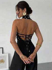 negra ajustada de estilo casual y elegante para la temporada de primavera/verano, con cuello asimétrico, sin mangas, escote halter, espalda descubierta y decoración de lazo - Negro 2 - Ver 5