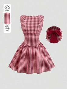 Vestido casual de mujer con cuello de barco, sin mangas, con estampado de cuadros, espalda descubierta, contraste de color, lazo en la cintura y silueta evasé, para primavera/verano - Rojo - Ver 2