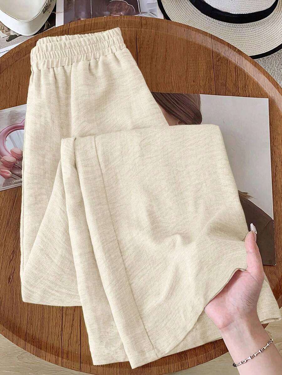 Pantalones de pierna ancha de unicolor versátiles y casuales para mujeres - Blanco y Negro - Ver 1