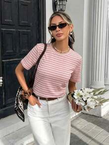 Camiseta casual de mujer de cuello redondo de manga corta a rayas, camiseta a rayas de estilo retro francés de color café, top de manga corta de cuello redondo estilizador y versátil, camiseta básica casual suave y pegajosa, top a rayas, pri - Rosa - Ver 7