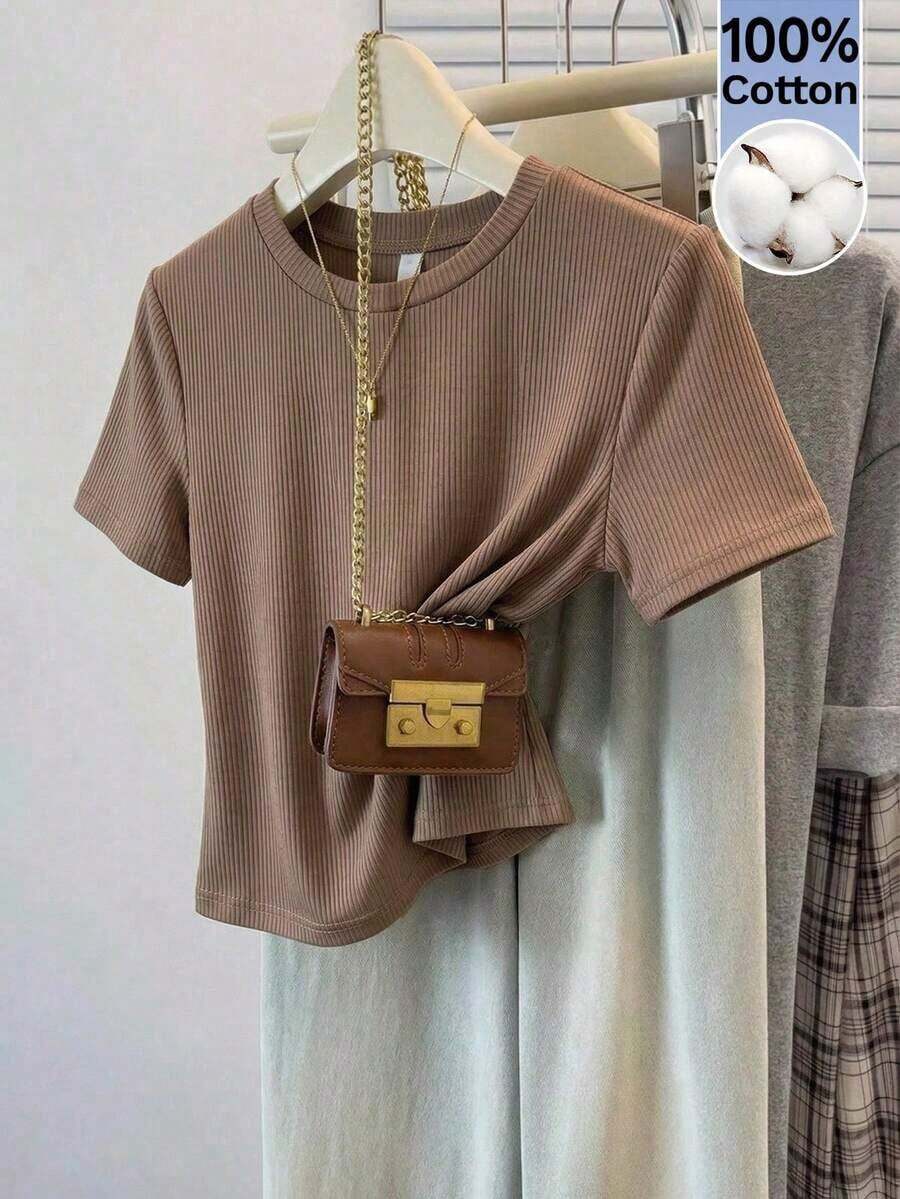 Frenchy Camiseta de mujer de manga corta, cuello redondo, ajustada y minimalista, adecuada para primavera/verano, con estampado de rayas rosa y marrón - Marrón - Ver 1