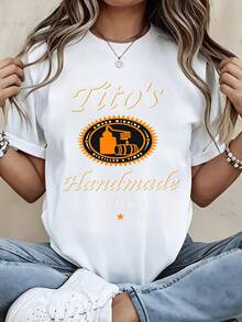 Titos Handmade Vodka Logo T Shirt White Cotton Women Casual Top Fashion Graphic Tee - 白色 - 查看 1