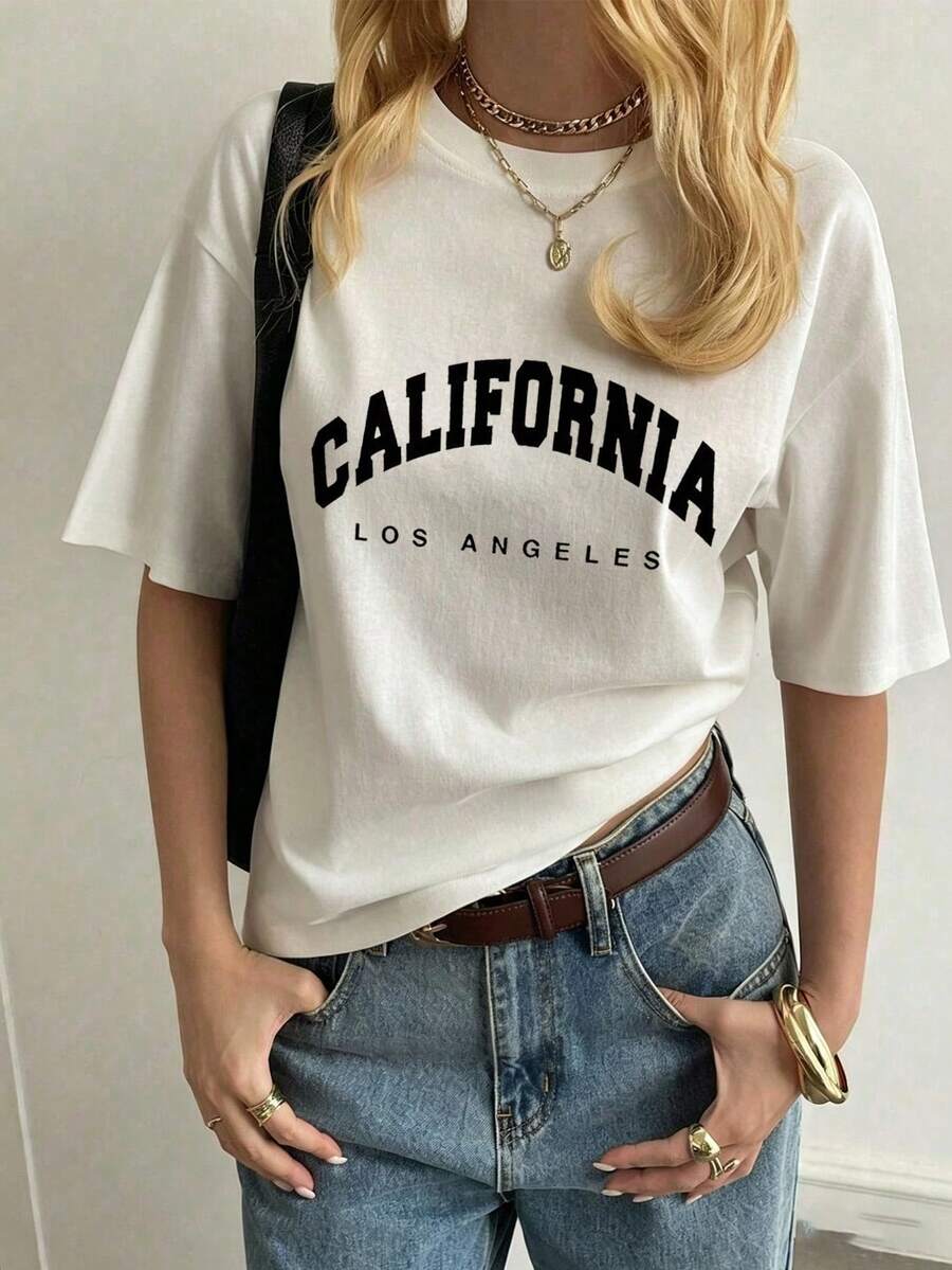 Women's Summer Fashion Short Sleeve T-Shirt Casual Outdoor Fashion 'Letter' Printed Loose Casual Women's T-Shirt - 白色 - 查看 1