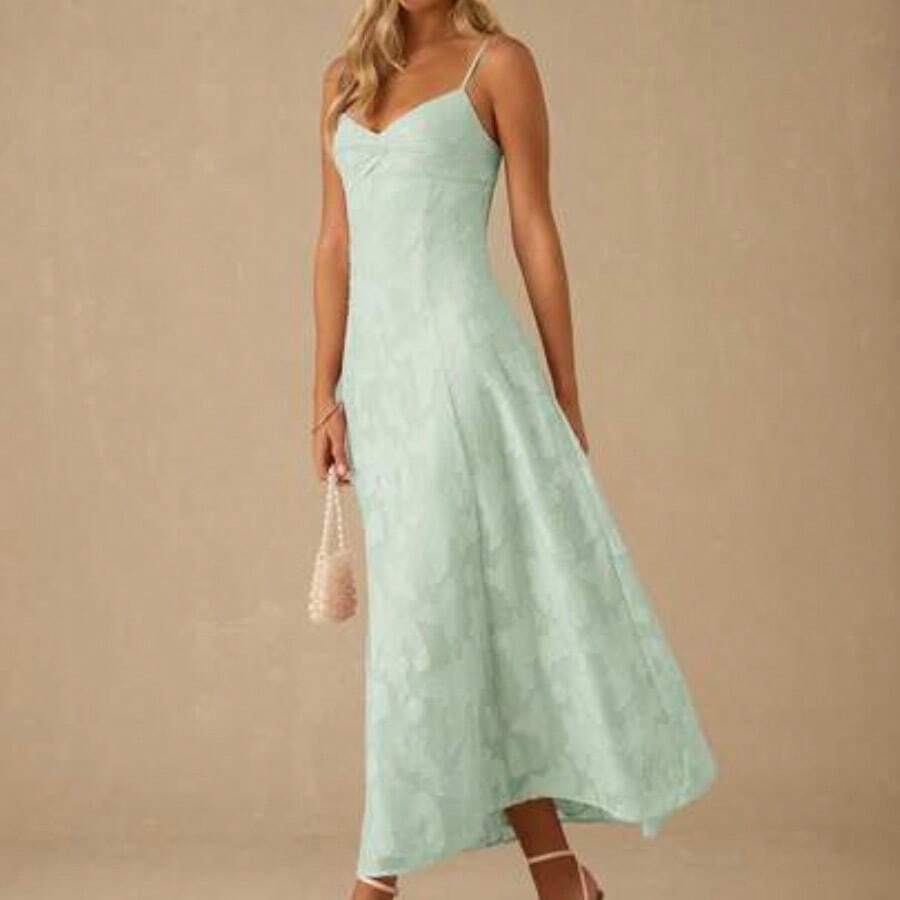 Spring/Summer Romantic Women's Pastel Purple Jacquard Pleated Backless Strap Maxi Dress,Sweet&Elegant For Vacation&Date&Holiday&Party&Graduation&Wedding Guest&Beach,Prom Dress,Summer Dresses For Women,Sun Dresses For Women,Summer Clothes - verde menta - Ver 1