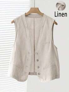 Chaleco corto de lino casual para mujer, color blanco, para primavera y verano - Beis - Ver 1
