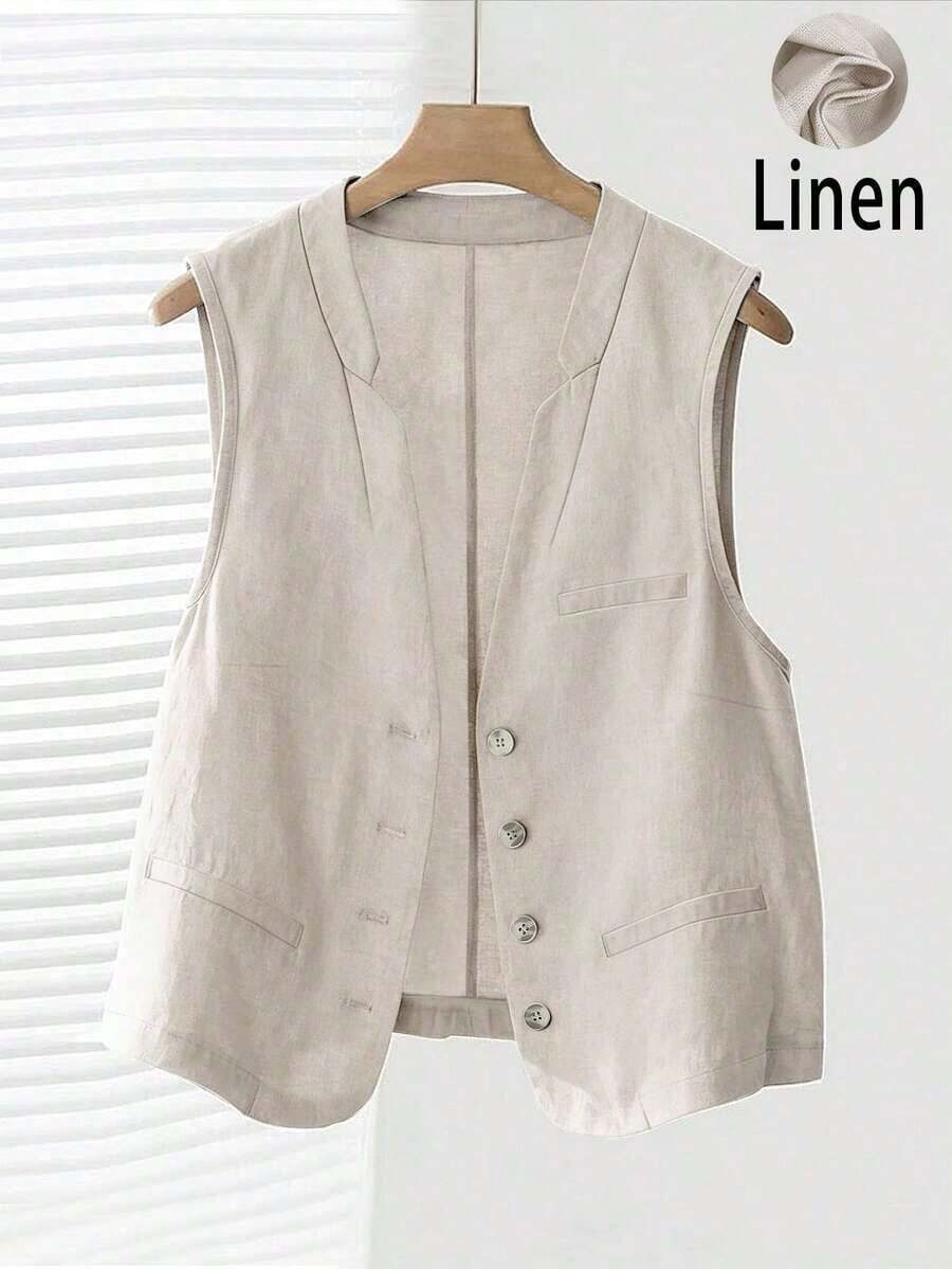 Chaleco corto de lino casual para mujer, color blanco, para primavera y verano - Beis - Ver 1