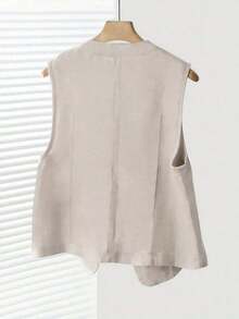 Chaleco corto de lino casual para mujer, color blanco, para primavera y verano - Beis - Ver 2