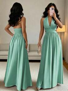 Elegante vestido sin mangas con cuello en V, diseño hueco en la cintura y pliegues, color morado, nueva llegada de primavera/verano - Turquesa - Ver 8