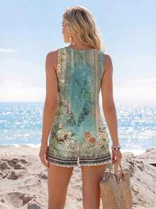 Conjunto de 2 piezas: top de tirantes con cuello redondo y estampado floral vintage casual, y camiseta de manga corta, apropiados para el verano - Verde 2 - Ver 2