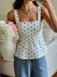 Camiseta sin mangas con volantes y estampado de lunares para vacaciones - Blanco - Ver 3
