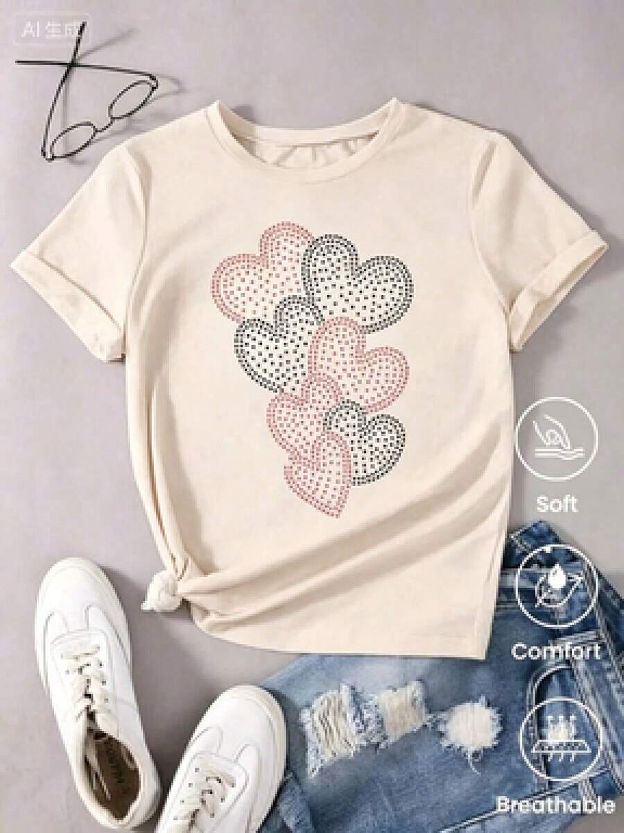 1pc Casual Algodón Camiseta para mujer Deportivo Apto para llevar en primavera verano otoño e invierno Camisetas para parejas con diseño de corazones en tonos rosados y negros con detalles de puntos elegantes y modernos - Beis - Ver 1