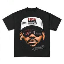 Camiseta de Baloncesto con Estampado de Estrella, Camiseta de Algodón de Manga Corta para Hombre, Camiseta Retro Americana de Algodón Puro, Top de Verano, Estilo Urbano - Negro - Ver 5