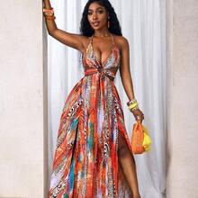 BamGlam Women's Zebra Print Color Block Hollow Out Tie-Up Dress, Suitable For Dates And Parties - Multicolor - Ver 5