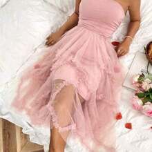 Raffinéa Women's Solid Color Mesh Panel Strapless Dress Maxi Women Outfit - Rosa - Ver 1