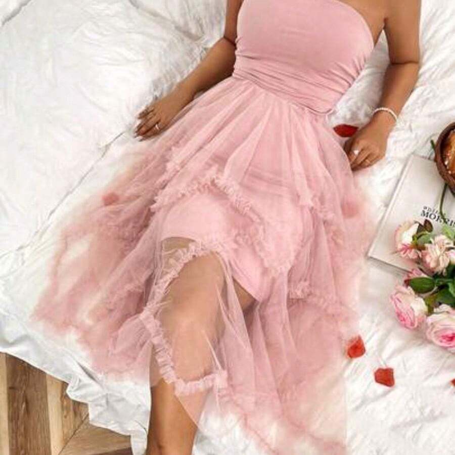 Raffinéa Women's Solid Color Mesh Panel Strapless Dress Maxi Women Outfit - Rosa - Ver 1